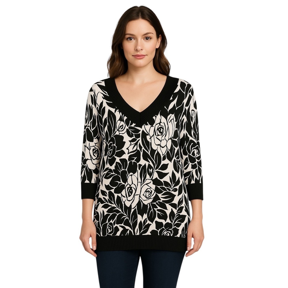 Cache Medium Top Floral Print V Neck Sweater Knit Black White Strappy VTG 649